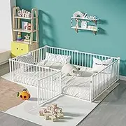 TURRIDU Full Floor Bed for Child, Metal Montessori Bed Frame with Safety Guardrails, Montessori Floor Bed Frame with Anti-Collision Cotton for Girls and Boys, No Box Spring Needed, White