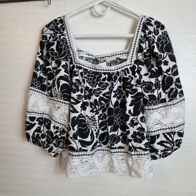 Rachel Zoe Blouse Womens Small Floral Boho Peasant Top Linen Lace Trim