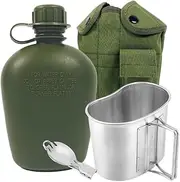 BeGrit Military Canteen Army Canteen WWII Canteen Kit with Aluminum Cup Stainless Steel Foldable Spoon Fork for Hiking Backpacking Camping, 1 Quart