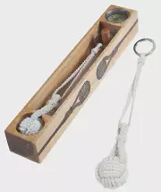 White Monkey Fist Rope Keychain Key Holder Ring Fob w/ Cedar Gift Box w/ Compass