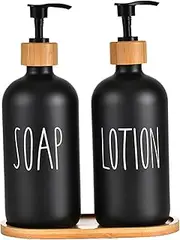 2Pcs Hand Soap Dispenser with Tray 17oz Easy-to-Press Pump Soap Dispenser Glass Soap Dispenser Countryside Bamboo Refillable Soap Dispenser (Black)