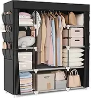 VTRIN Portable Closet Wardrobe for Hanging Clothes 57.3 Inch Large Capacity Clothes Rack with Cover, 10 Storage Organizer Shelves, 1 Hanging Rods and 6 Pockets, Free Standing Closet for Bedroom, Black