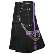 Scottish Mens Utility Kilt Purple Stripes Black Cotton Traditional Utility Kilts
