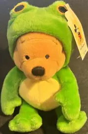 WDW Walt Disney World 2000s POOH Dressed as FROG 7" Bean Bag Plush with NM Tag