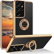for Samsung Galaxy S21 Ultra Ring Holder Case Edge Plating 360 Degree Rotation Kickstand Cover Silicone TPU Women Girls Slim Soft Protective Case for Samsung S21 Ultra (Black)