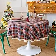 Plobeca Christmas Round Table Cloths Plaid Tablecloth with Tassel Cover Mat Dust-Proof Table Covers for Kitchen Party Dinner Tabletop Decoration (Brown, Diameter 120cm)