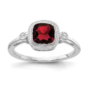 14k White Gold Cushion Garnet and Real Diamond Ring