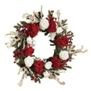 24" RED & WHITE HYDRANGEA SILK FAKE ARTIFICIAL ROSE HOLIDAY CHRISTMAS WREATH