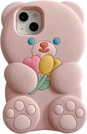 Kawaii Phone Cases Apply to iPhone13PRO,Cute Cartoon Bear Phone Case with Flower Teddy Bear Pink Phone Case 3D iPhone 11 Case Soft Silicone Shockproof
