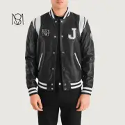 Men's Pure Leather Black Varsity Jacket - Genuine Soft Leather, Bomber Style