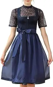 [EIISSION] Dirndl Women's Midi Long Dirndl Blue Costume Dress Costume Skirt Dirndl Complete Sets Costume Fashion Costumes Women with 3 Pieces Dirndl Apron Dirndl Blouse Oktoberfest Dresses Dirndl Dress