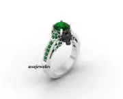 2.10CT Round Cut Real Green Emerald Black Skull Jewelry Ring 14K White Gold Over