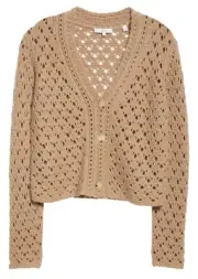 VINCE Wool Cashmere Crochet Cardigan Sweater in Amber Light Tan Size Large L