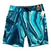 New VOLCOM Shorts Mens 26 Blue Psyche Marble Board Mod Tech Stretch Drawstring