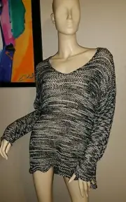 Eileen Fisher Black Space Dyed Cotton Tape V Neck Box Top Sweater PL NWT $228