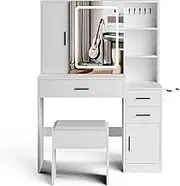 Ufurniture Dressing Table with Jewelry Organization, Makeup Vanity Table with Drawers & Shelves,Storage Cabinet, 3-Color Adjustable LED Mirror, Vanity Desk Set with Charging Station, White