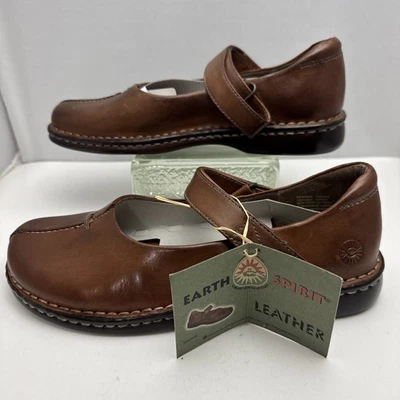 Earth Spirit Newman Tan Leather Flats Mary Janes Strap Womens Size 7.5