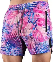 [Generic] Men Sport Shorts Men's Summer Beach Shorts Retro Pattern Printed Shorts Drawstring Zip Up Side Pockets Shorts for Men Gymout Training Running