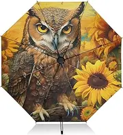[PDZRMY] Field Sunflower Owl UV Protection Travel Umbrella Compact for Rain and Sun - Auto Open and Close UPF 50+ Windproof Portable 46” Sun Umbrella for Women and Men