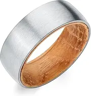 [Adreamz] 8mm Silver Fashion Promise Wedding Band Matte Brushed Domed Stainless Steel Ring for Men Women Inlaid Whiskey Barrel Wood Inner Liner Comfort Fit Ring Size 7-14