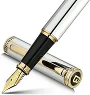 [BEILUNER] Silver Chrome Fountain Pen,Stunning Luxury Pen,24K Gilded Nib(Medium)