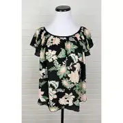 NWT Philosophy Floral Short Flutter Sleeve Blouse Top Black Pink Green Small