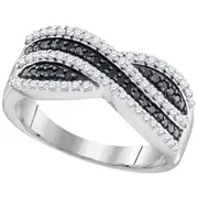 Sterling Silver Black Diamond Crossover Stripe Band Ring 1/2 Cttw