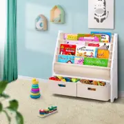 4 tier Kids Bookshelf Bookcase Children Toy Wooden Organiser Display Rack 2 bins