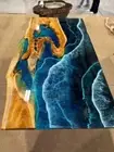 Blue Epoxy Ocean River Table Top Acacia Wood Luxury Furniture for Home Interior