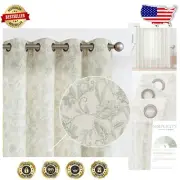 Elegant 108-Inch Green Floral Linen Blend Curtains - Light Filtering Drapes