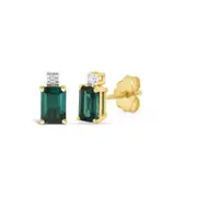 Diamond Set Created Emerald Stud Earrings in 9kt Yellow Gold