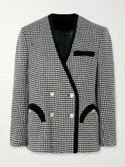 [BLAZÉ Milano] BLAZÉ Milano - Sunset Double-breasted Velvet-trimmed Houndstooth Wool Blazer - Black - 0 0 Black
