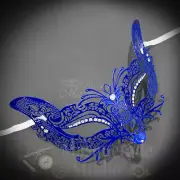 Womens Feline Inspired Laser-Cut Filigree Metal Masquerade Ball Mask [Blue]