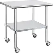 Hally Stainless Steel Table for Prep & Work 30 x 36 Inches with Caster Wheels, NSF Commercial Heavy Duty Table with Undershelf and Galvanized Legs for Restaurant, Home and Hotel
