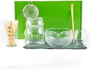 Matcha Whisk Set,Clear Glass Japanese Matcha Tea,Handcrafted Bamboo Matcha Whisk Set,Matcha Whisk Set with 500ml Matcha Bowl Matcha Cup Matcha Whisk Matcha Whisk Holder Matcha Sifter Tea
