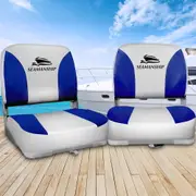 2X Seamanship Folding Boat Seats Marine Swivel Low Back 13cm Padding Grey Blue