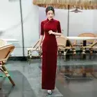 Chinese Traditional Velvet Qipao Dress Women Velour Long Cheongsam Evening Gowns
