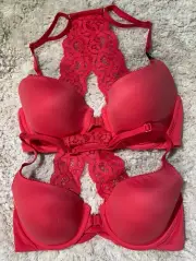 Victoria's Secret 32D Lace Racerback Lined Demi Front Close Bra BBV Fuchsia Pink