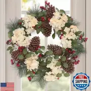 Hydrangea Winter Door Wreath 22", Artificial Winter Wreaths for Front Door wi