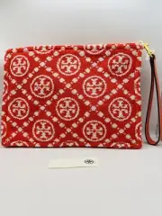 Tory Burch T Monogram Terry Cloth Cosmetic Case Pouch Wristlet Strawberry Red