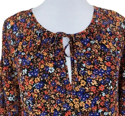 J Crew Womans Medium Black Orange Blue Ditsy Floral Tie Front Blouse Top NEW NWT