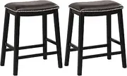Giantex 26" Counter Height Bar Stools Set of 2, Faux PVC Leather Farmhouse Barstools w/Padded Seat, Wood Frame, Max Load 330 Lbs, Wood Saddle Bar Stools w/Nail Accents for Kitchen Island Pub, Brown