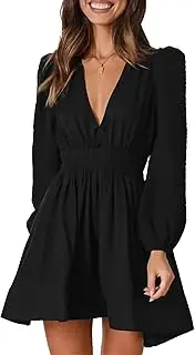 [Aosufei] Women's Elastic Waist Ruffle Tiered Dress V-Neck Casual Flutter Dress Puff Long Sleeve A-Line Dresses