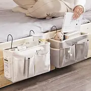 Bedside Caddy Organizer with Fixed Straps, Back to School Dorm Storage Hanging Pocket, Cotton Linen Bedside Storage Basket for College Students, Bedside Hangin