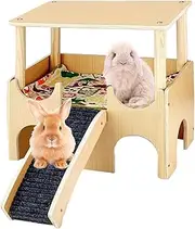 Wooden Hamster House, Double Layer Habitat Playground Hamster Toys, 1800g Small Animal Toys Shelter with Ladder, Chinchilla Cage Accessories for Rabbits, Ferrets, Gerbils