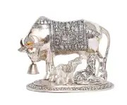 Metal Kamdhenu Cow & Calf with Bal Gopal Krishna Statue for Home/Office/Temple