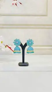 Sky Blue Shiny Mirror Work Jhumka With Beads Aster