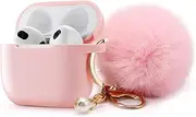 Protective Case Cover for Airpods 3 Charging Case, Soft Silicone Case Compatible with Air Pods 3rd Generation 2021 with Cute Ball Fluffy Pom Pom Keychain Kit (3rd, Pink)