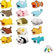Animal Cable Protector, Pack of 15 Cute Animal Bites Cable Saver, Plastic Animal Charging Cable Saver for USB, Animal Data Line Protector, Cable Break Protection Silicone for Most Mobile Phones