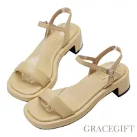 在飛比找momo購物網優惠-【Grace Gift】一字繫踝中跟涼鞋(淺黃)